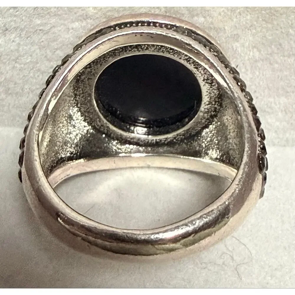 Black Stone Statement Ring Size 8 Silver Tone Pavé Cocktail Ring